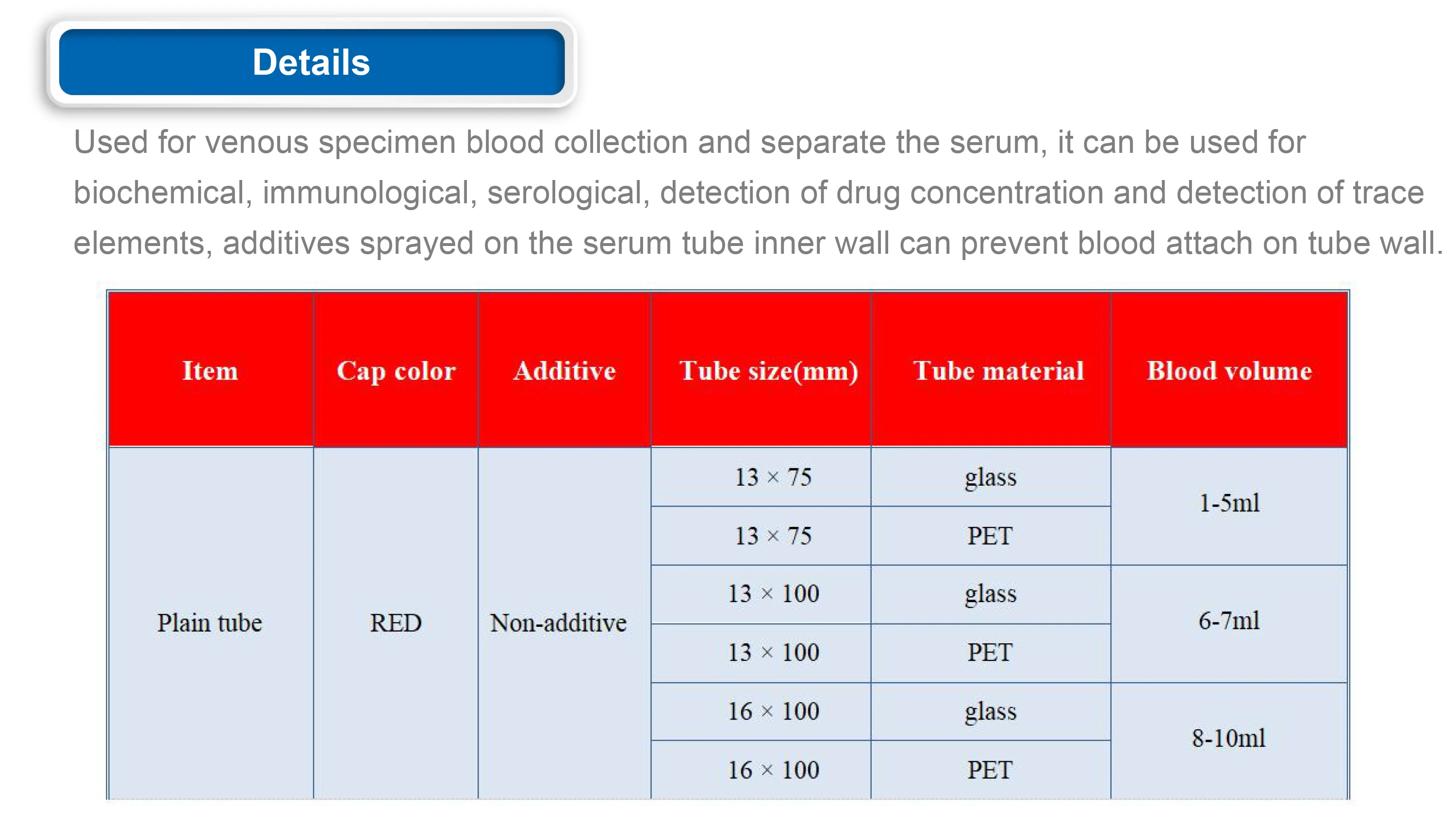 
red top vacuum plain tube with no additive blood sample taking plain blood tube 6ml 13*100mm CE PET and glass tube 