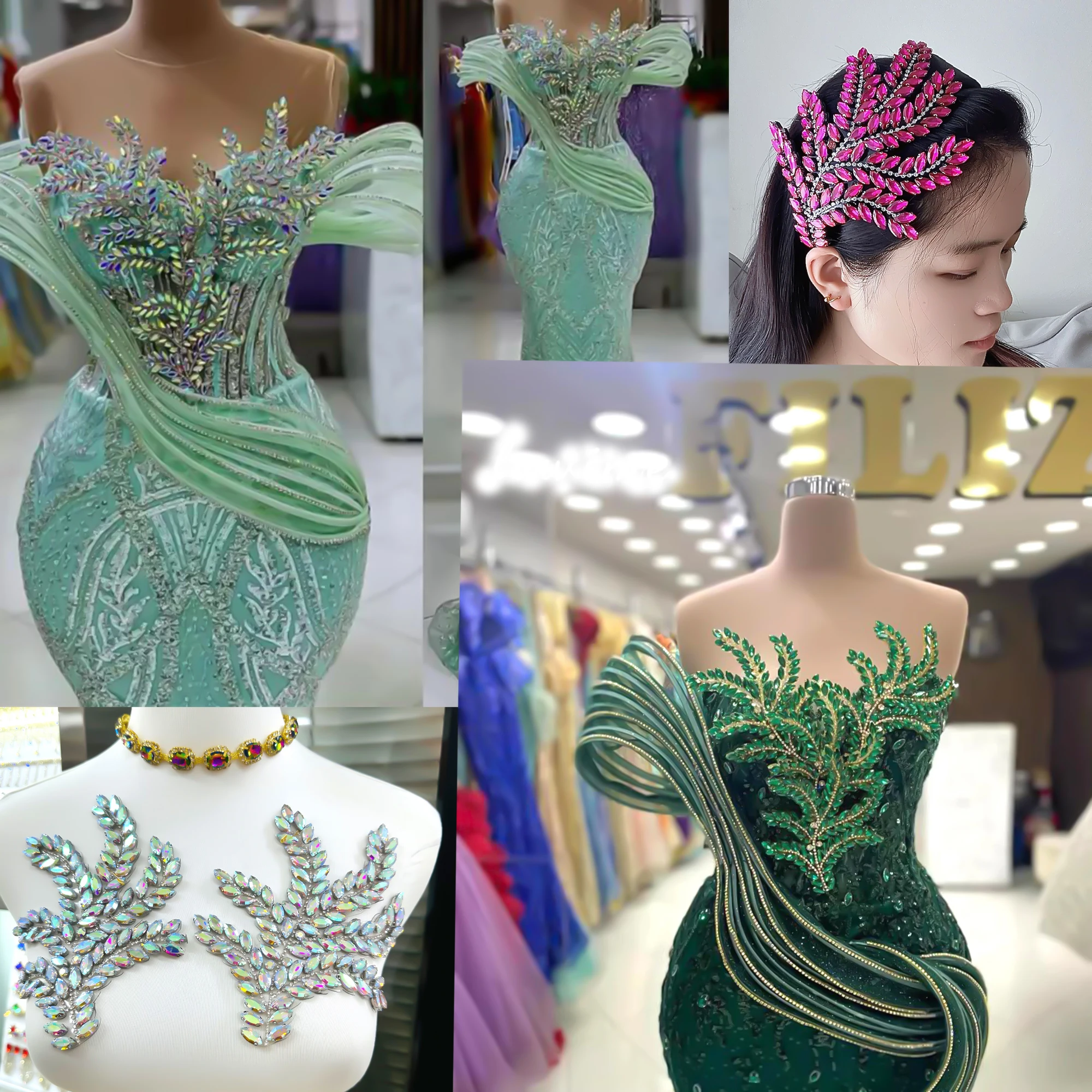 RAYO Special Leaf Rhinestone Applique For Evening Dress Decoration Hair Accessories Glass stone Applique Sew-on technique