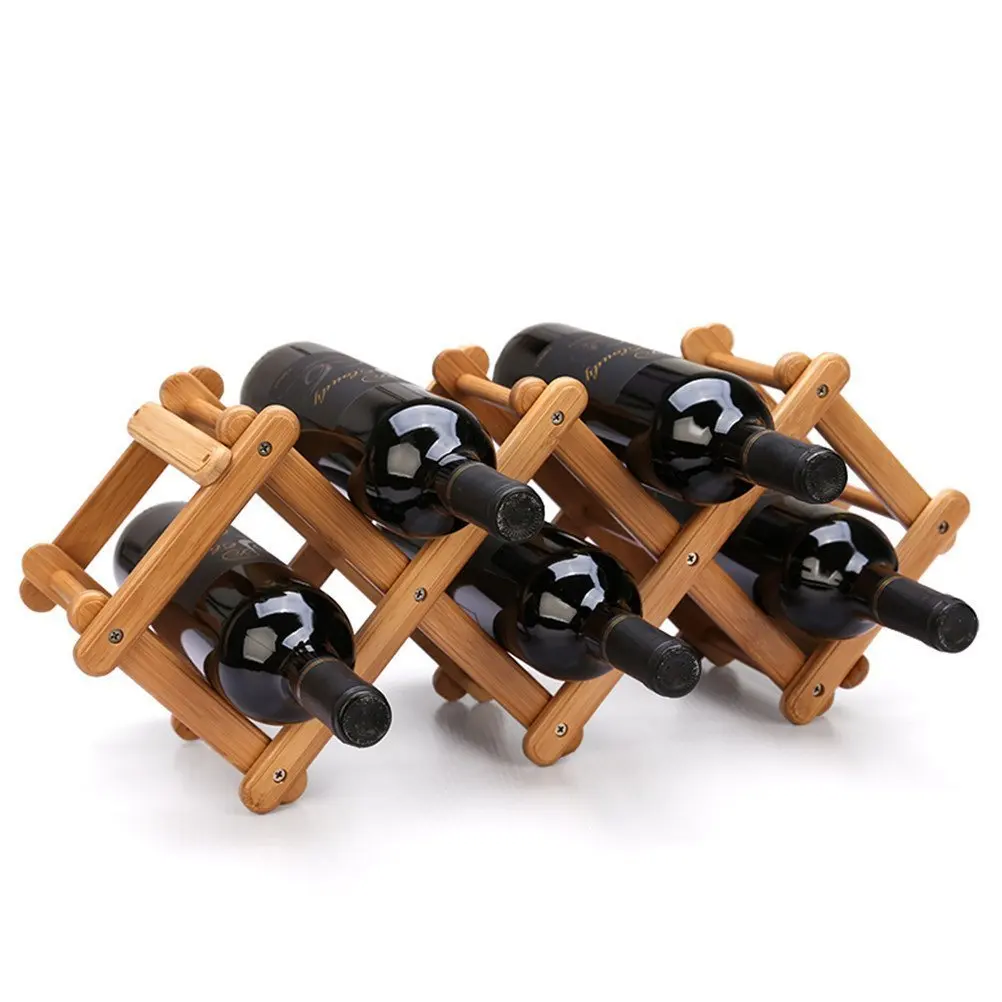 Foldable Wood Wine Storage Racks Countertop Table Organizer Bamboo Wine Bottle Stand Holder Free Standing 5 Bottles