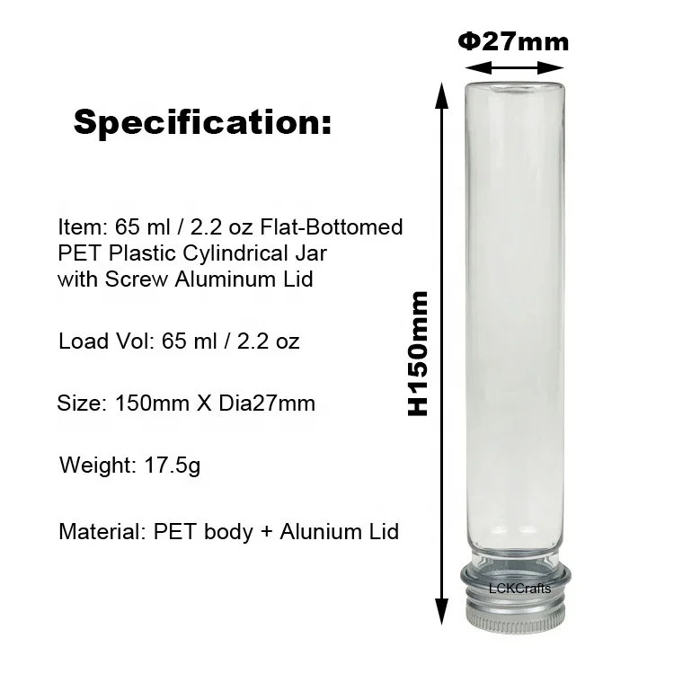 Cosmetic Travel Lotion Containers 65ml 150mm Flat Bottom Plastic Test Tube with Screw Caps
