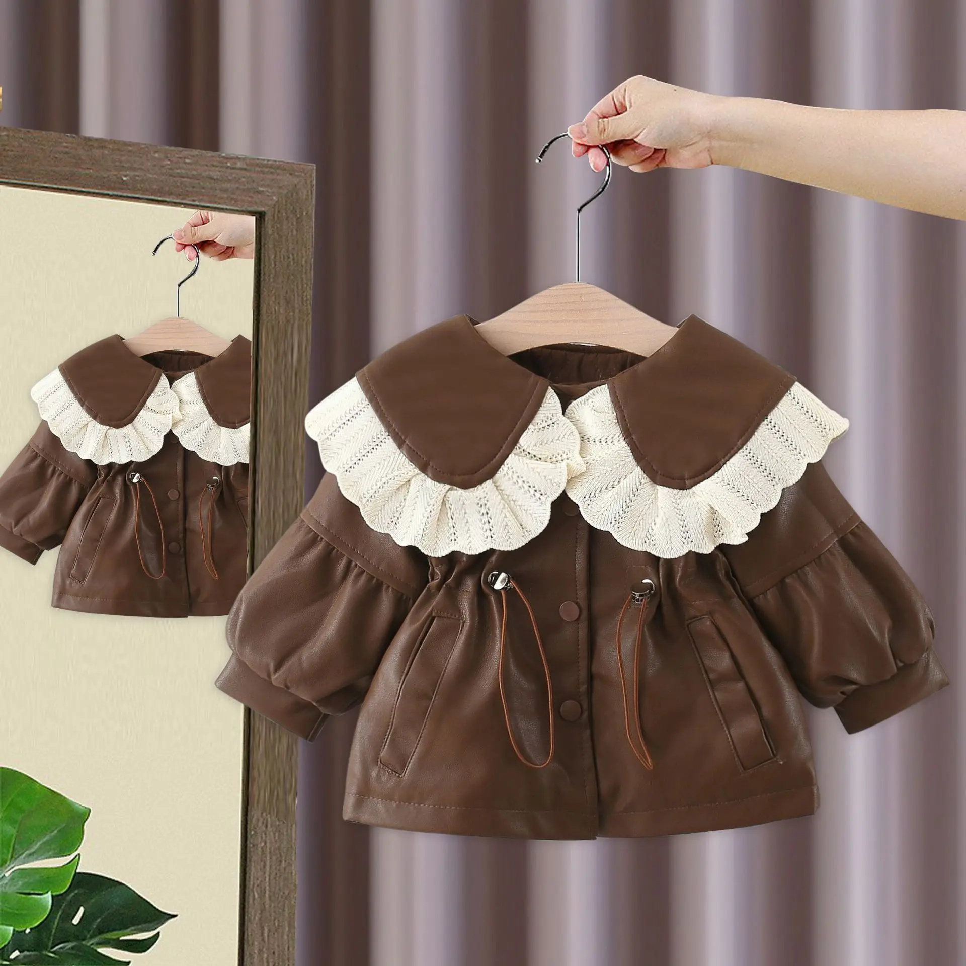 Autumn and Winter PU Leather Baby Girl windbreaker Cotton-padded Baby Thick Coat Lace Collar Windproof Coats Outwear