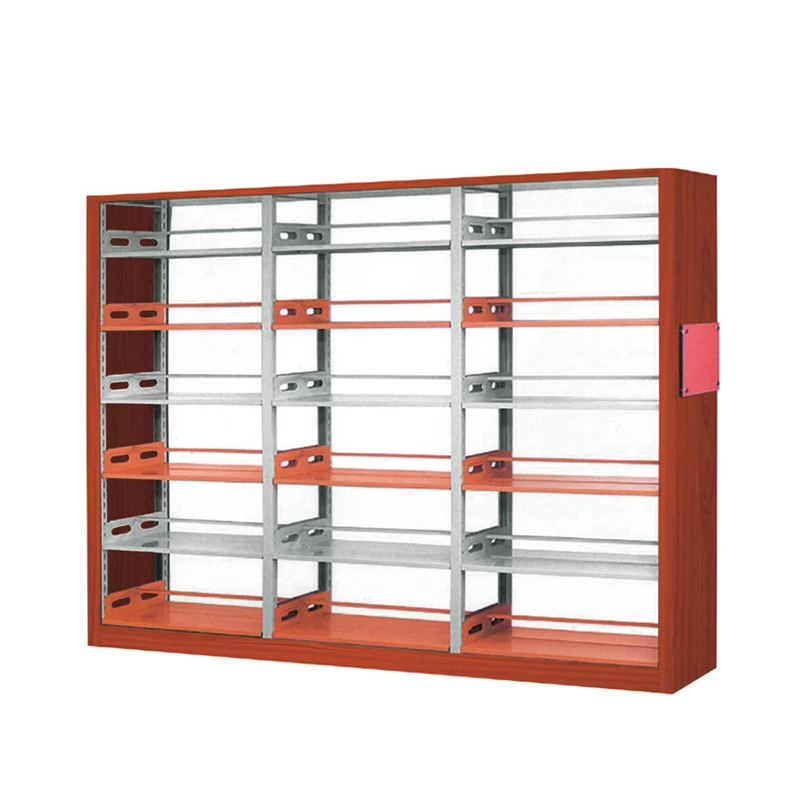 Прочная школьная мебель для библиотеки, двухстоечная деревянная стальная двухсторонняя книжная полка