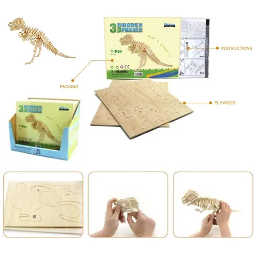 Robotime Eco-friendly Wood Animal Puzzles JP203 T-Rex Model Children Creative Handmade Wooden Dinosaur Puzzle Toys