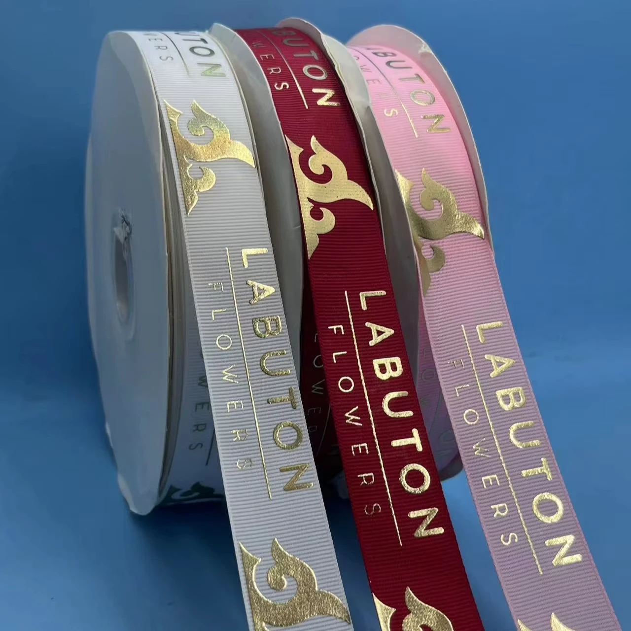 Luxury Grosgrain Gift Ribbon White Pink Red Custom 3d Embossing Gold Stamping Brand Logo Grosgrain Ribbon Halloween Decoration