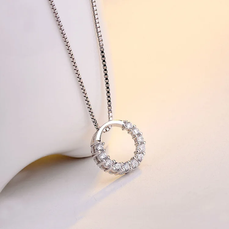 New Fashion Jewelry 925 Sterling Silver Circle Pendant Necklace Geometric Cubic Zirconia Hollow Ring Pendant Necklace For Women