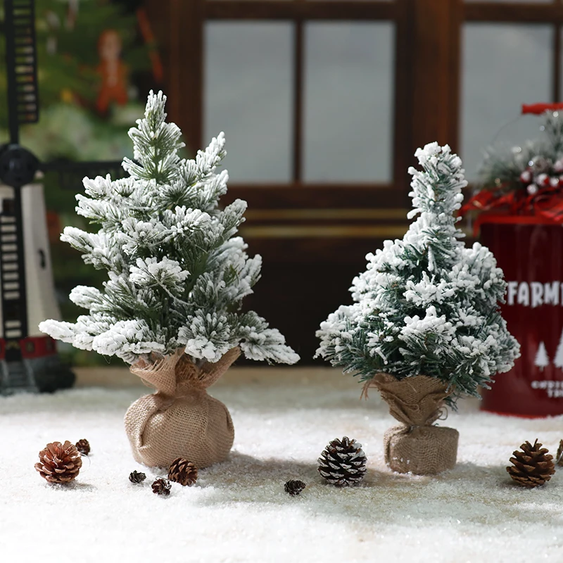 12 inch PE led Christmas tree Pre-lit Snow Flocked Small Christmas Pine Trees with warm lights