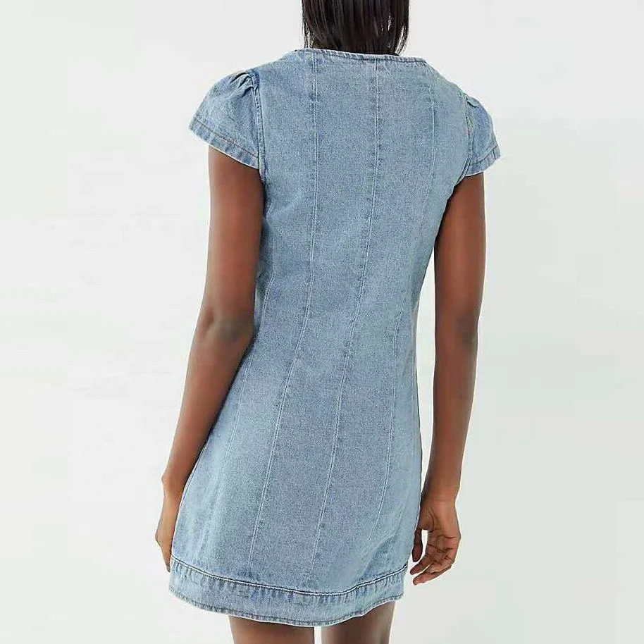 Casual Denim Sundress for Women Lace Button Decoration Simple Formal Style Bow Neckline Logo Front Back Summer Dresses Sleeves