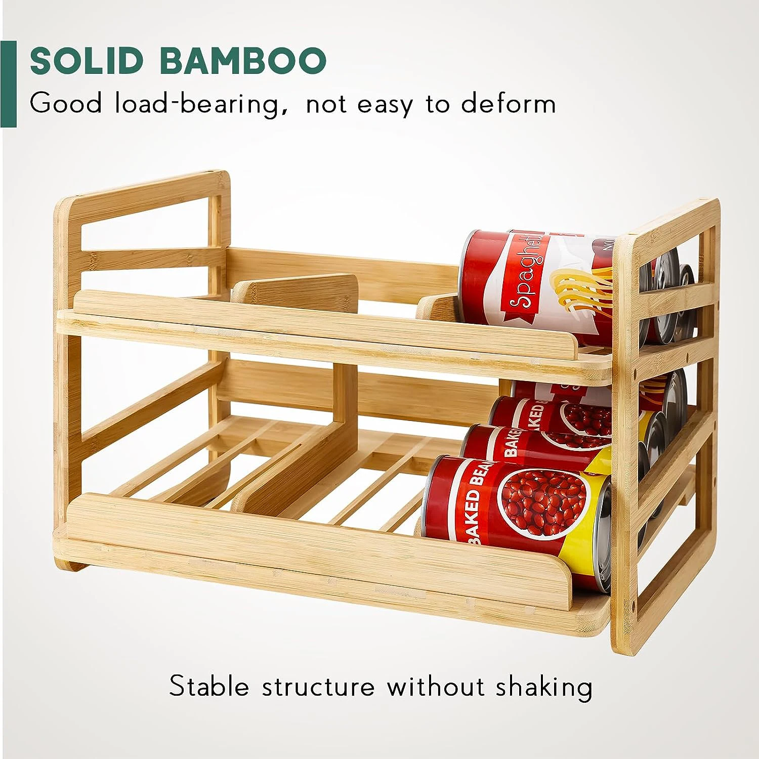 Rolling Bamboo Can Organizer Rack Stackable Double-Layer Can Organizers and Storage For Pantry, Canned Goods Holder Dispenser