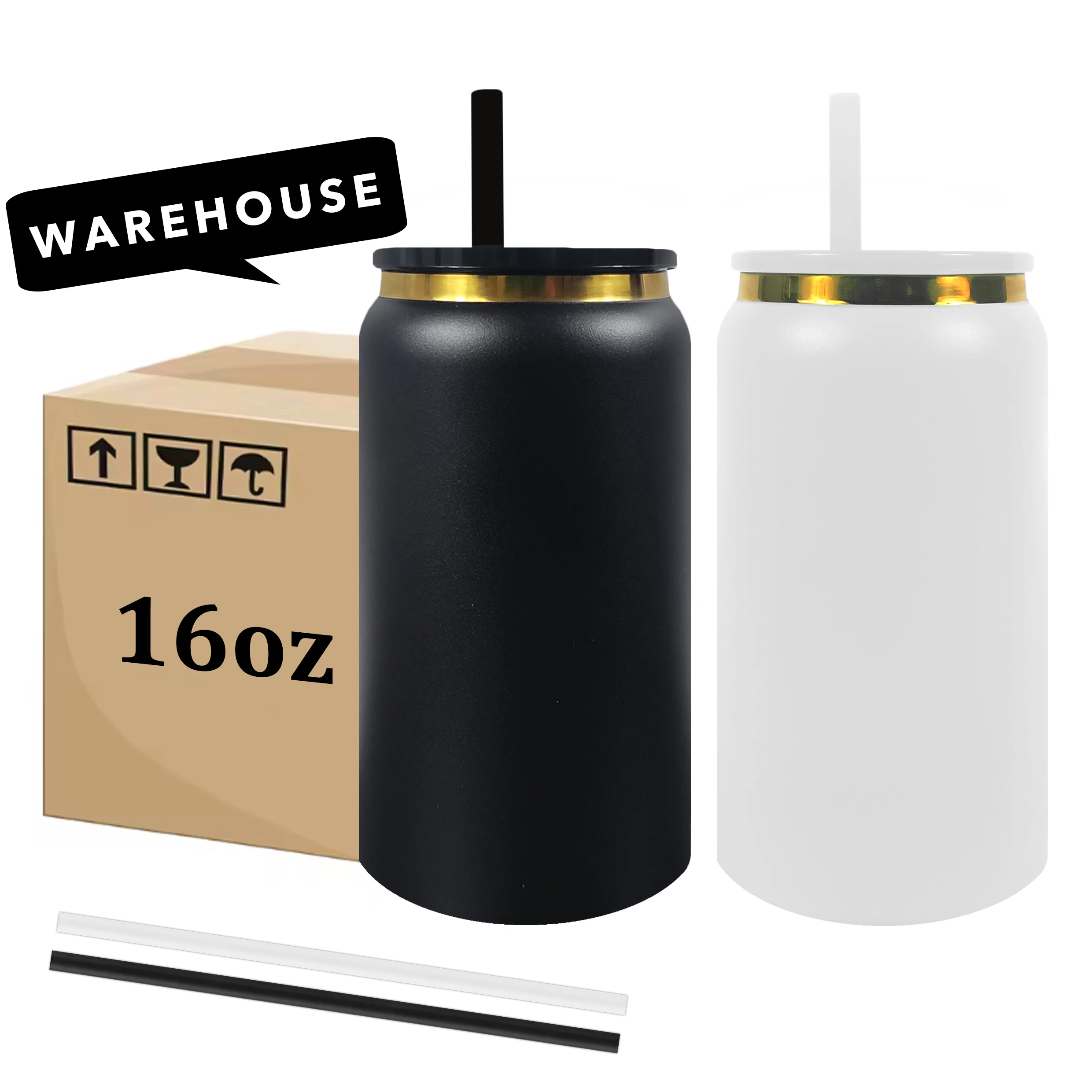 USA warehouse 16oz white black stainless steel can tumbler gold underneath reusable powder coated cups can with plastic lids