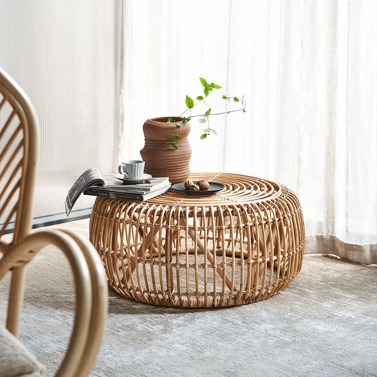 living room furniture wholesale rustic farmhouse round low small floor straw rattan tea table with mat