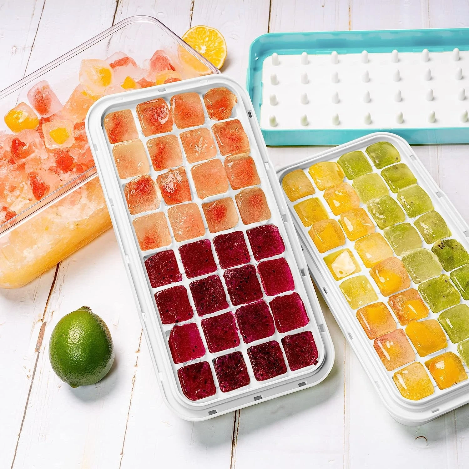 Ice Cube Tray with Lid and Bin, 64 Pcs Silicone Trays for Freezer, Easy Release & Save Space, 2 with Tongs and Scoop