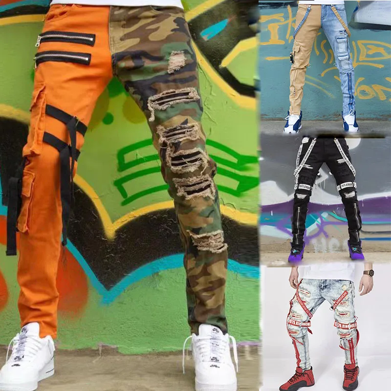 
QC - 067 Hot selling fashion men jeans trouser straight camouflage patchwork with ribbons ripped cargo mens skinny jeans 