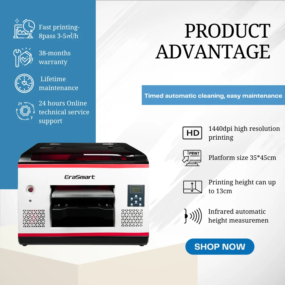 Erasmart Desktop Small 3545 Inkjet Printer Flatbed Bottle Phone Case Printing Machine Digital A3 Uv Printer For Small Business