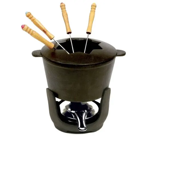 Hot Sale Black Pre-seasoned /Enamel Cast Iron Mini Fondue Sets With 6 Fondue Forks Included For Cheese Or Chocolate Fondue