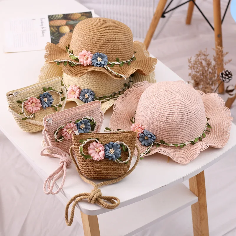 2024 New arrival Fashion Baby Straw Caps Children Summer Beach Straw Bag Straw Hat 2Pcs/Set