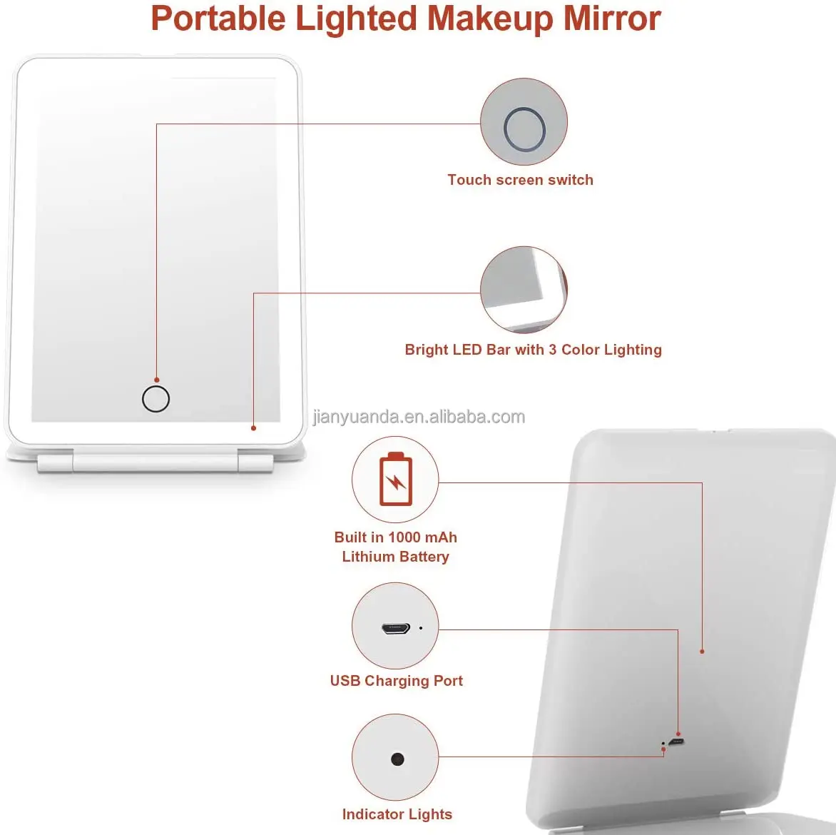 Wholesales led makeup mirror with led lights 1.37cm thin led travel mirror