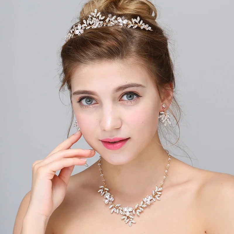 2019 Wholesale Wedding Hair Accessories Crown Handmade Crystal Diamond Necklace Earring Jewelry set For Women