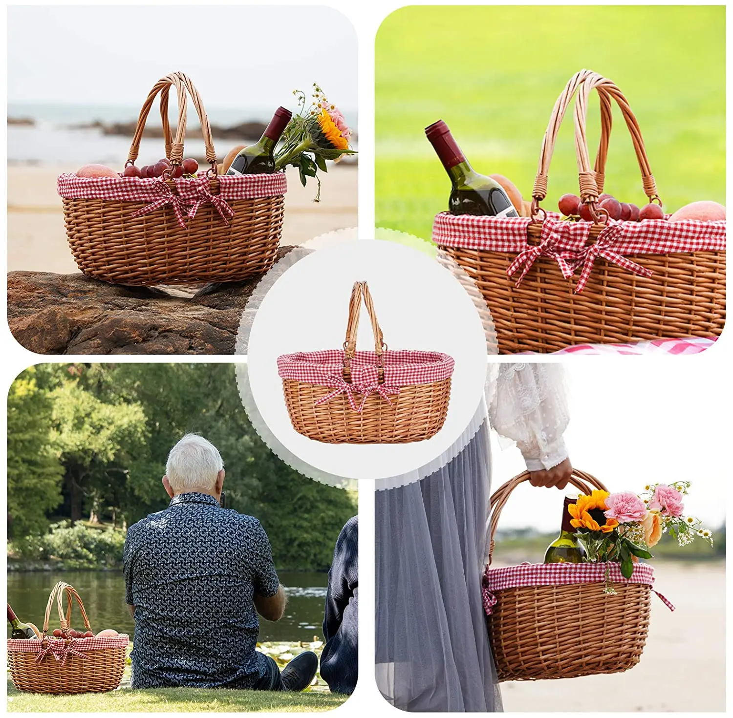 Picnic Basket Natural Woven Woodchip with Double Folding Handles