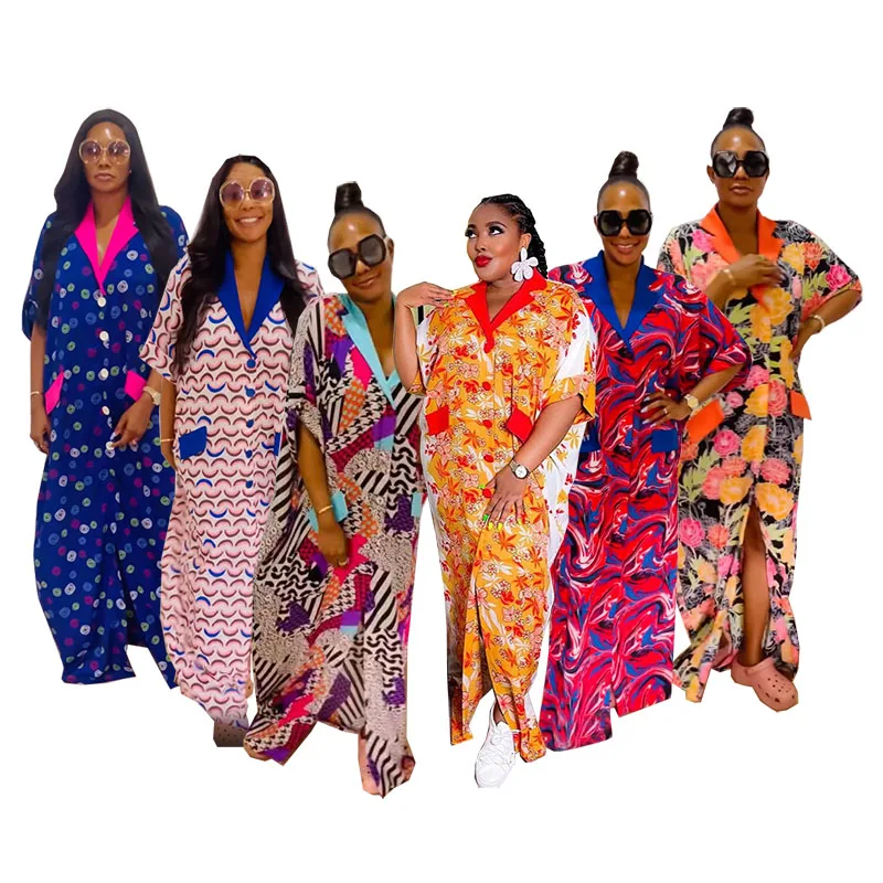 African Long Dresses For Women 2023 Dashiki Floral Print Batwing Sleeve Loose Slit Dress Sexy V Neck Casual Party Beach Robe