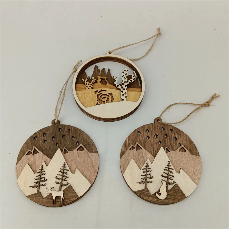 2024 New 3D Rustic Laser Cut Wood Ornaments Christmas Tree Pendant Wooden Christmas Tree Ornaments