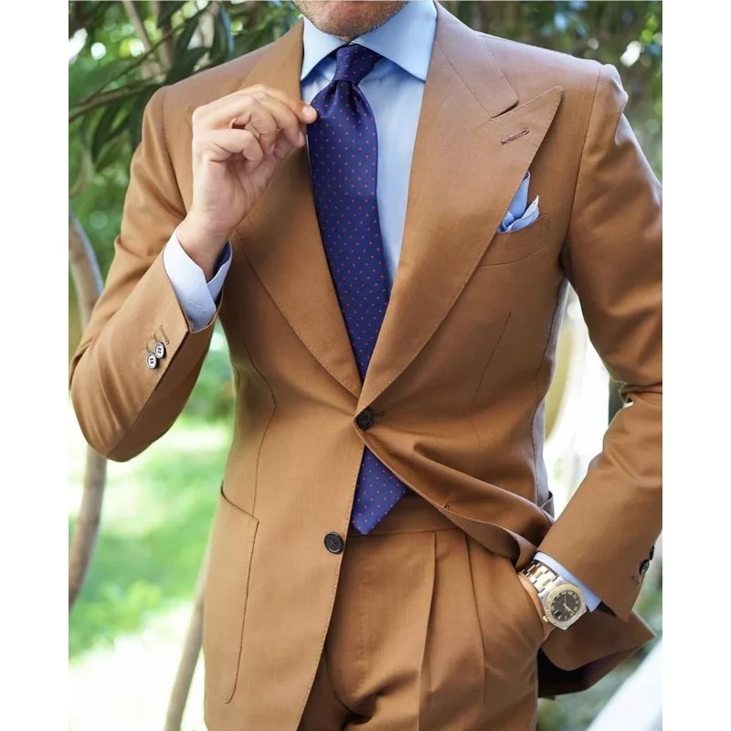Latest Coat Pant Design 2 Pieces Brown Classic Business Blazer+Pants Suit Sets Men Autumn Fashion Solid Slim Wedding Set