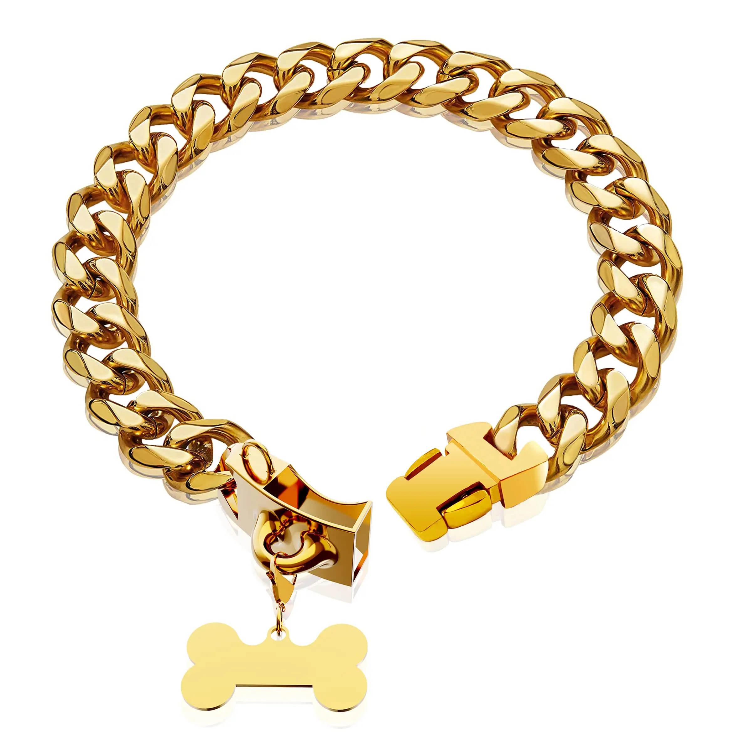 Luxury pet supplies 18K  Gold Chain Dog Collar 32mm Heavy Duty Stainless Steel Cuban Link pitbull Dog Collar Chain