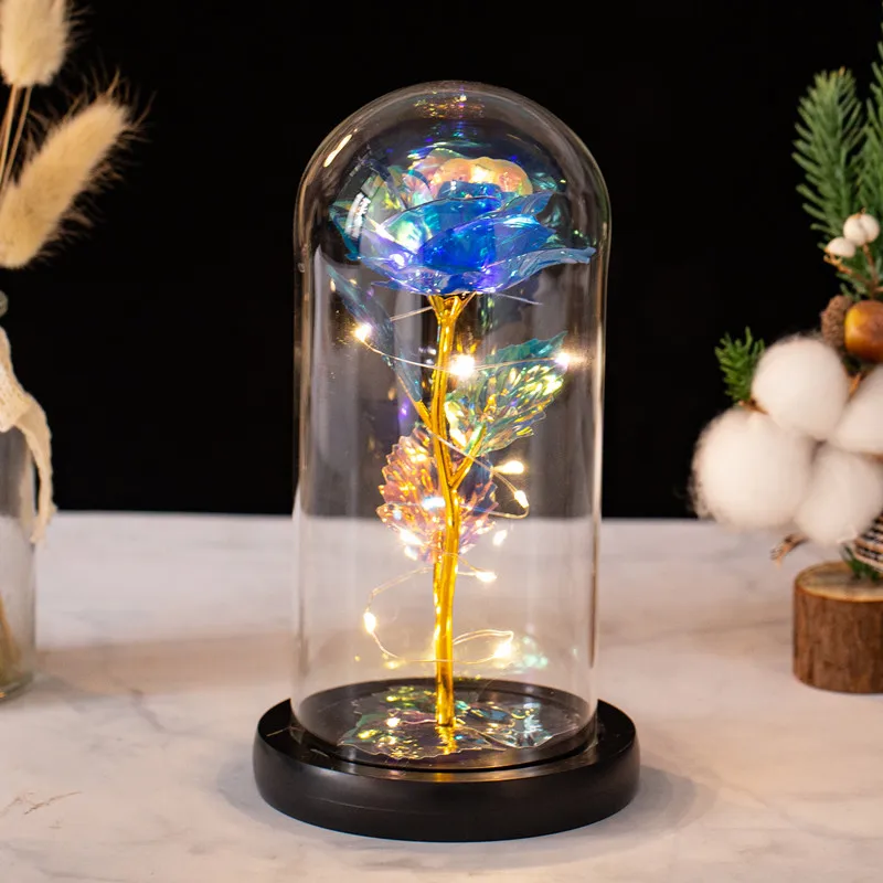 2022 New Mother Day Gift LED Light String Colorful 24k Gold Foil Rose Flowers Galaxy Rose In Glass Dome
