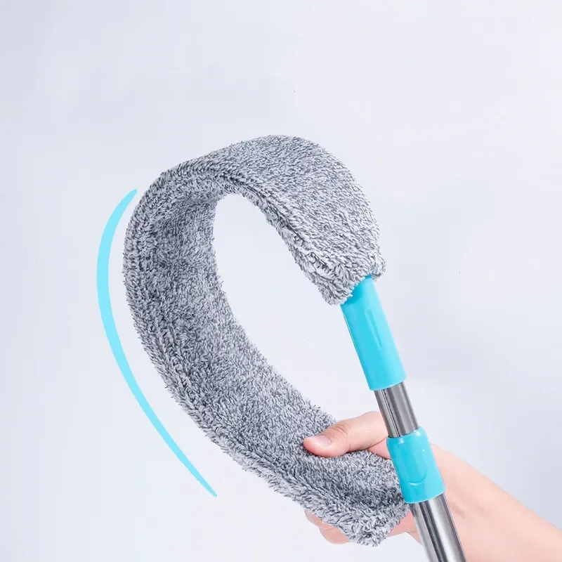 Retractable Long Handled Fiber Feather Duster Curved Washable Duster Household Feather Duster Cleaning Tools Flat Mop