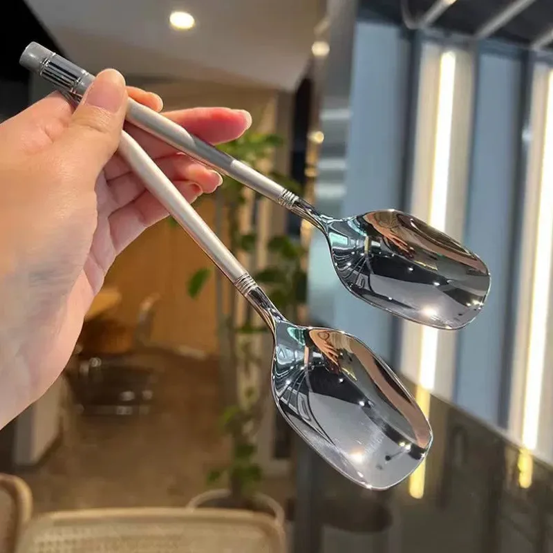High-Appearance Korean Style Stainless Steel Square Soup Spoon Thick Dry Rice Lantern Spoon for Household Dining and Party Use