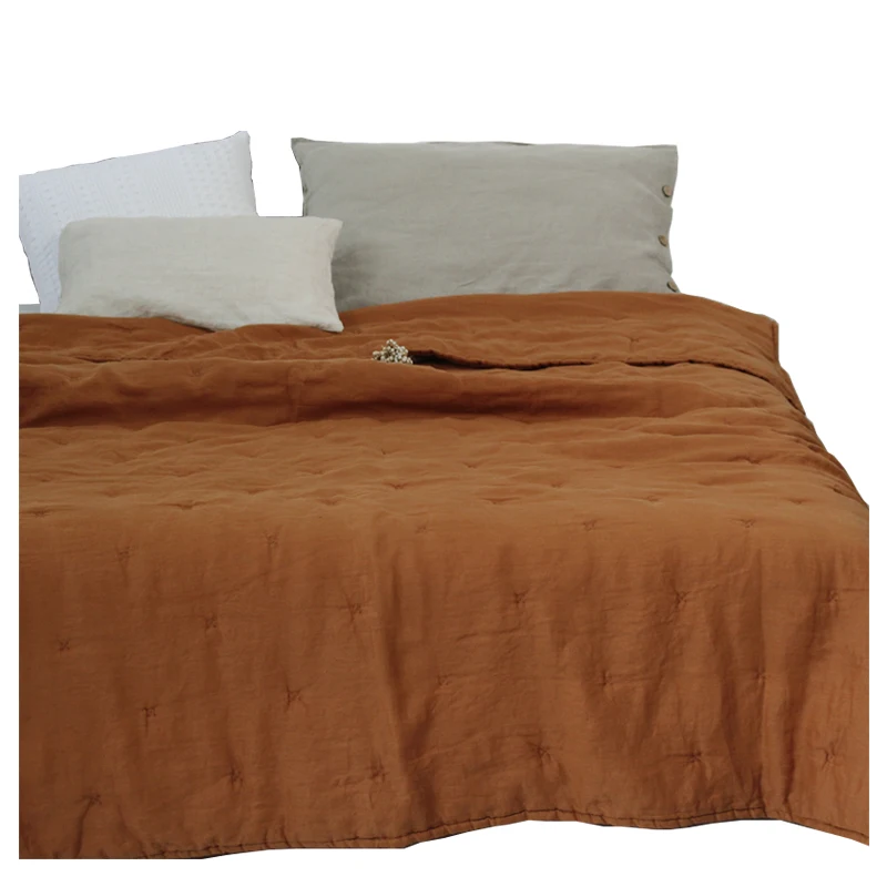 Hot Sale Customized stone washed 100% linen flax summer quilt set /Quilted Blanket