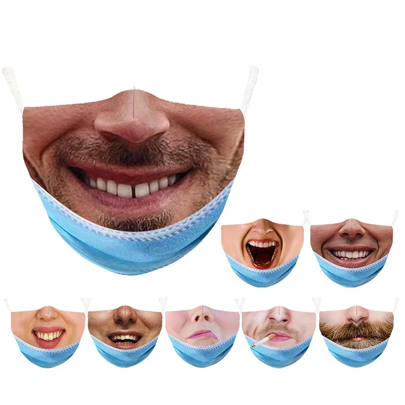 Women Men Funny Smile Face Maskes Washable Mouth Maskes Cute Simulation Printed Face Masks For Party Decoration