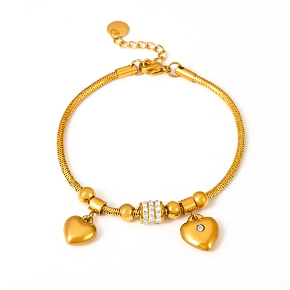 Double Heart Czech Rhinestone Gold Plated Bracelet, Multi Accessory Soft Snake Chain Bracelet Ins Stainless Steel Jewelry