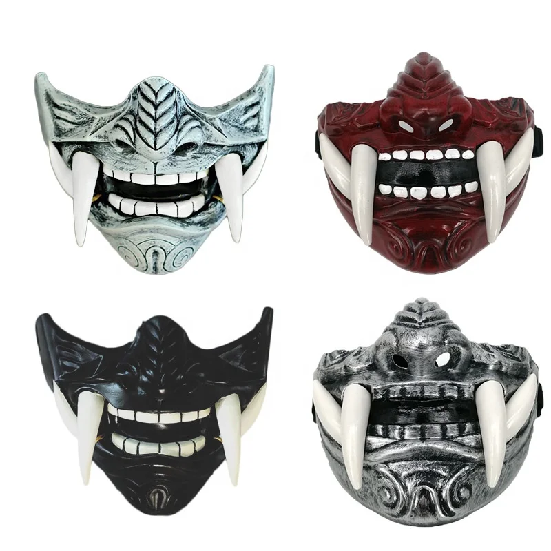 Adult Unisex Halloween Half Face Masks Japanese Hannya Demon Oni Samurai Noh Kabuki Prajna Devil Mask Latex Party Mask