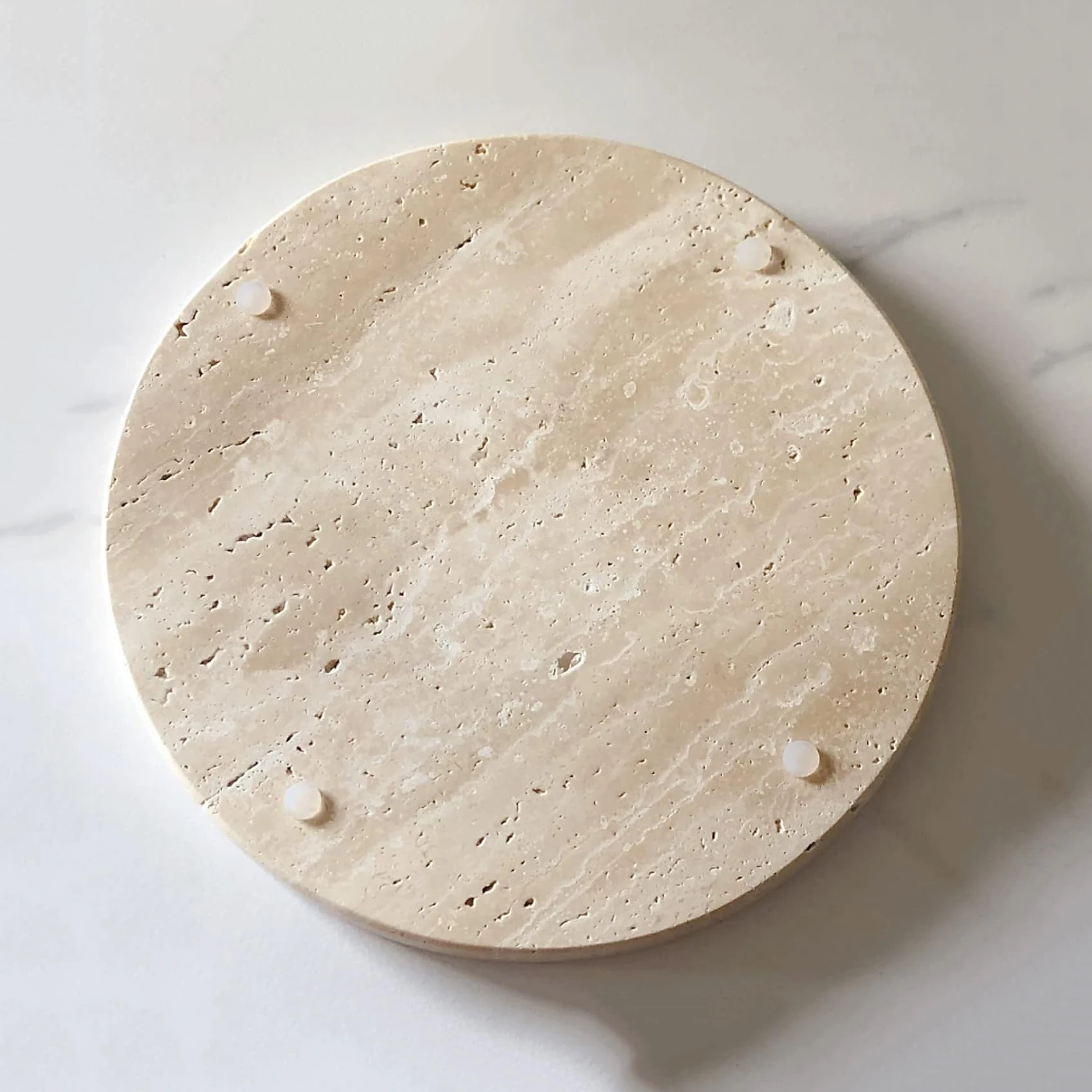 Modern Decorative Beige Round Real Travertine Marble Vanity Tray for Perfume Candle Jewelry Dish Small Things