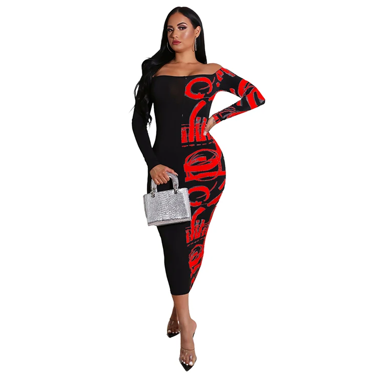 
2021 Hot Sales New Style Women Bodycon Printing Off-Shoulder Stitching Lady Casual Long Dresses 