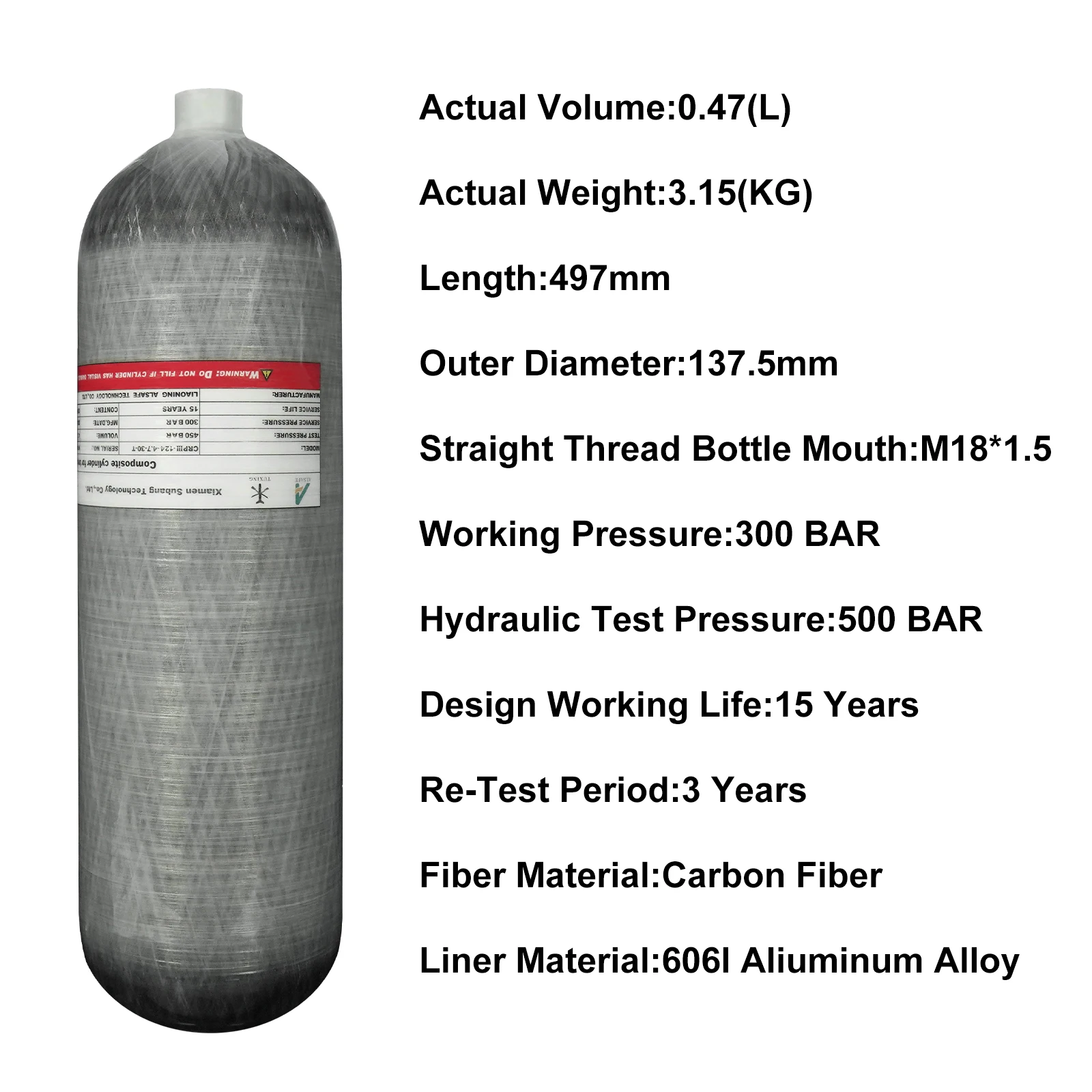 TUXING China Suppliers ODM High Quality Hardness 4.7L High Pressure 300bar 4500psi Breathing Swimming Carbon Fiber Gas Cylinder