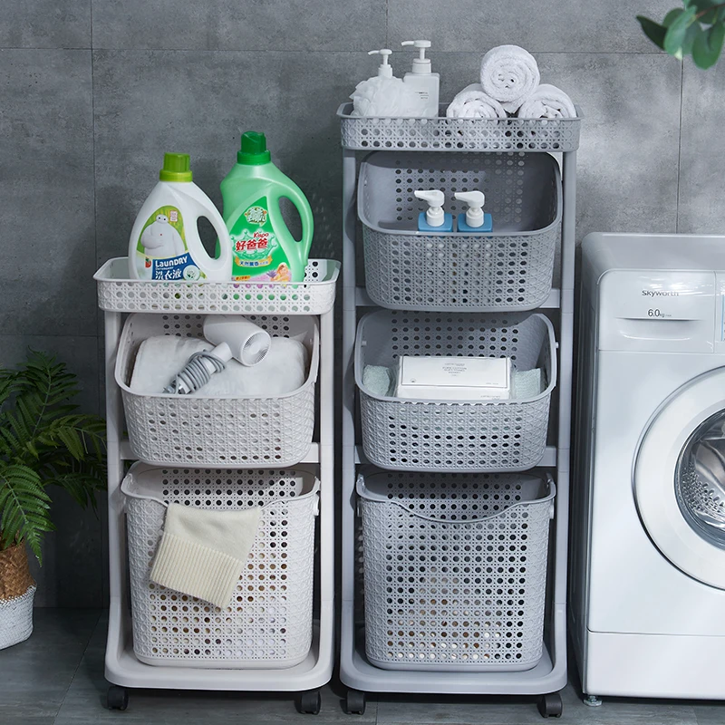 3 Tiers Versatile Plastic Laundry Basket Cart with Wheels Clothing Bin Toy Basket Snack Organizer Decorative Laundry Hamper