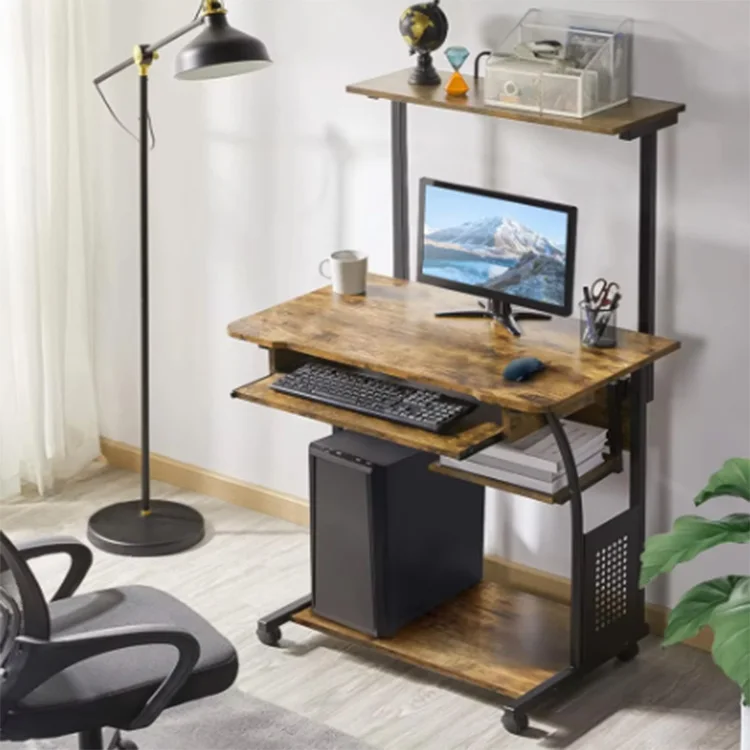 3 Tiers Rolling Computer Desk with Keyboard Tray and Printer Shelf for Home Office, Mobile Computer Desk