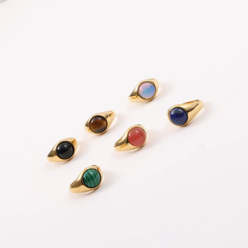 R1766 Non Tarnish Stainless Steel Jewelry 18k Gold Stainless Steel Seal Jewelry Oval Black Agate Tiger Eye Stone Signet Ring