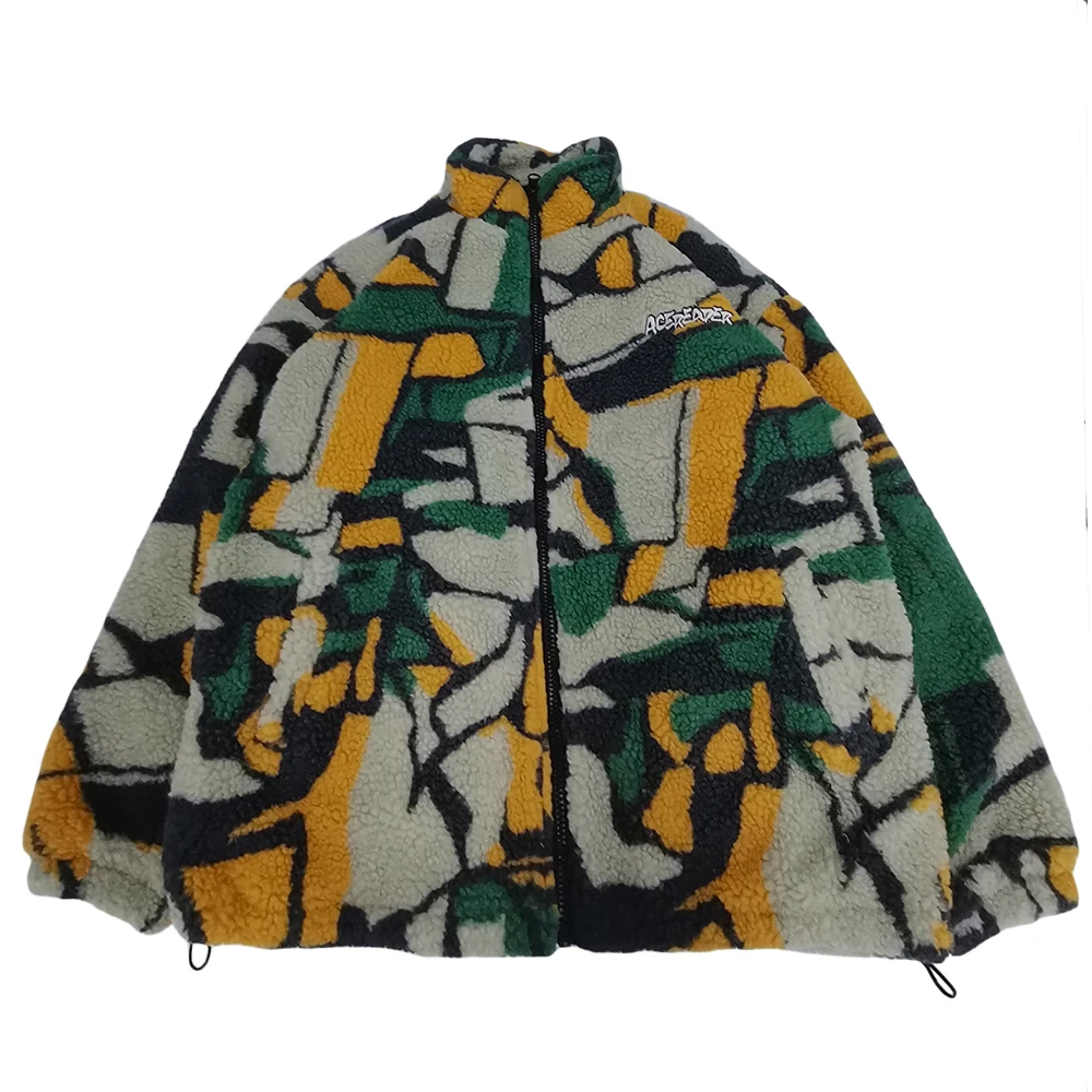 Custom Design Print Mens Camouflage Sherpa Coat Warm Zipper Outdoor Sherpa Fleece Quilted Jackets Micro Polar Fleece Jacket