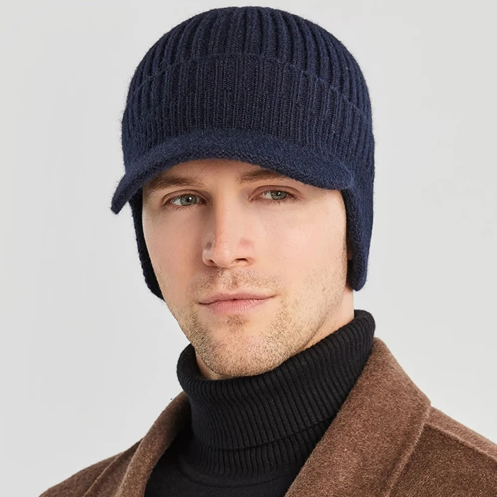 Men Winter Knitted Hat Outdoor Cycling Ear Protection Warm Peaked Cap Casual Fashion Bomber Hats 56-61CM