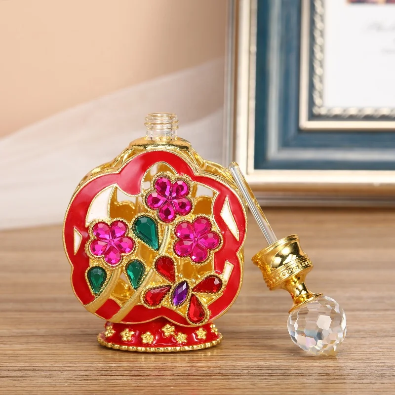 12ml Patented Plum Blossom Flower Jewelry Stones Metal Perfume Bottle Glass Essential 0il Bottle Refillable Attar Bottles#12101