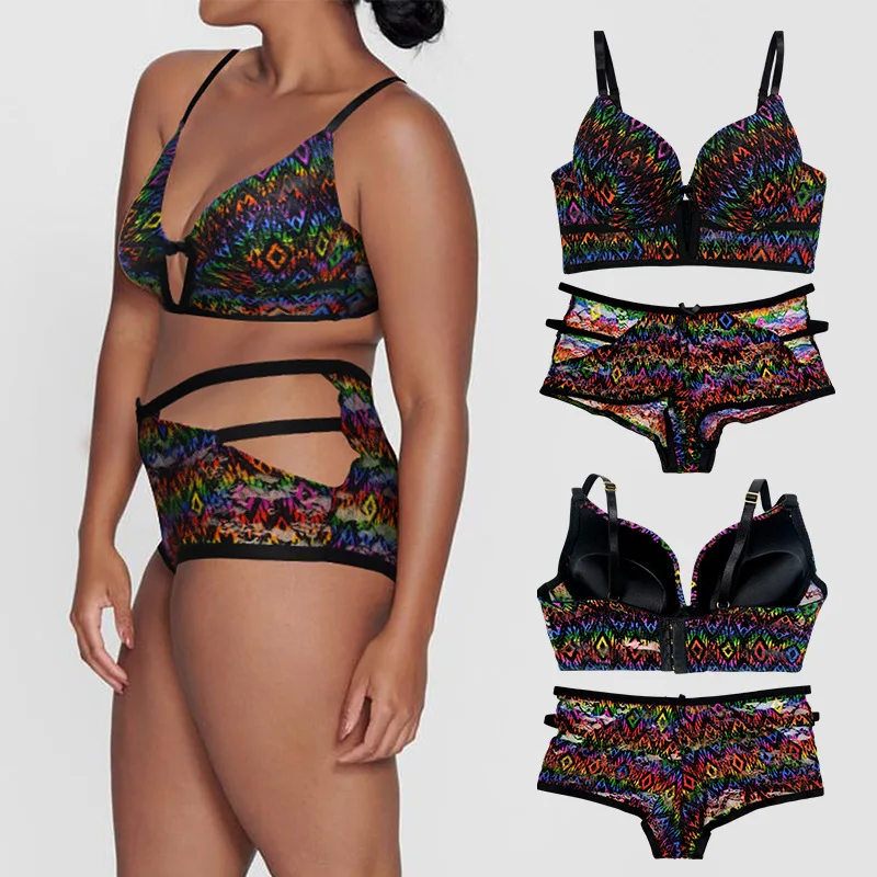 Brazil Girl 38 Size Boobs Printed Female Underwear Panties Combo Breathable Push Up Underwire Women Plus Size Bra Briefs Sets