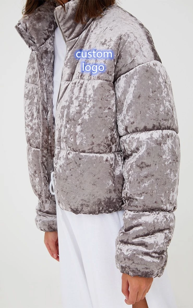 Trendy wholesale bubble grey velvet cropped puffer jacket womens padded plus size jackets winter  woman coats blazers