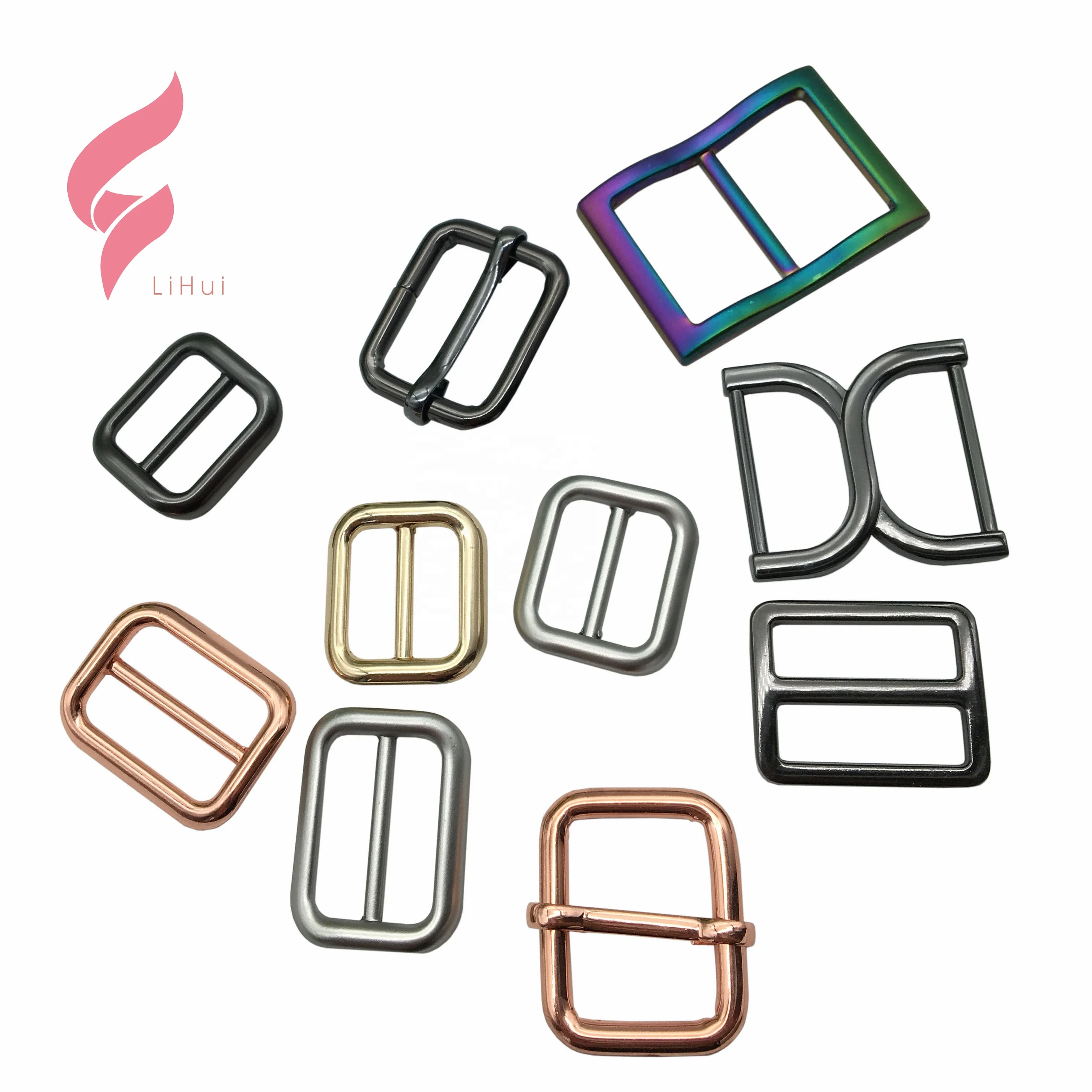 Lihui wholesale custom logo adjustable zinc alloy rainbow rose gold Strap Adjust metal Square Ring Buckle For Bag nylon strap