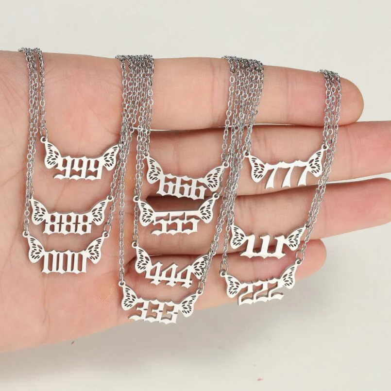 Wholesale Non Tarnish Silver 18k Gold Plated Stainless Steel Wing 000-999 Pendant Women Lucky Angel Number Necklace Jewelry