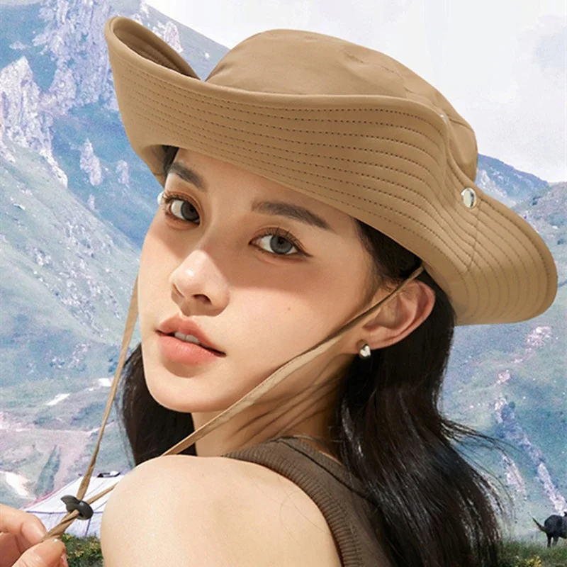 Popular Custom Drawstring Fisherman Hat Breathable Quick Dry UPF50+ UV Protection Outdoor Western Cowboy Summer Wide Bucket Hat