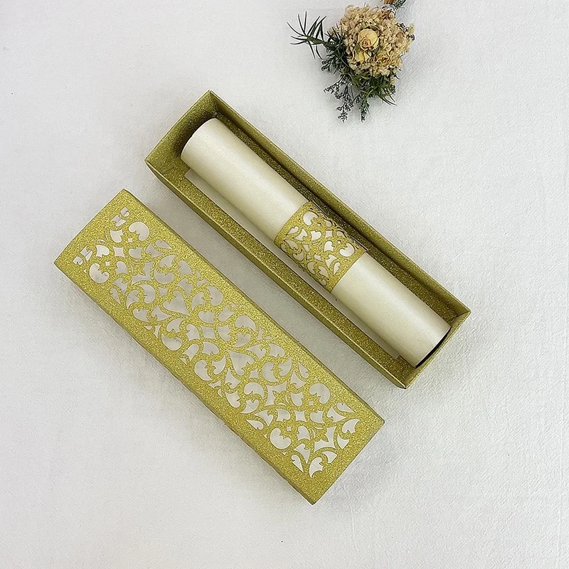 Fast delivery competitive price stock  elegance laser cut  Glitter paper scroll print wedding invitations box