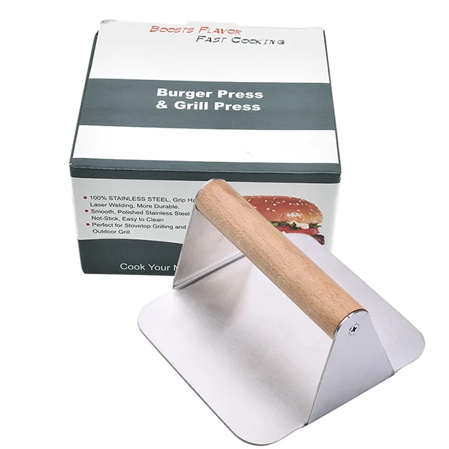 China Factory custom Kitchen Helper Stainless steel Square wooden handle hamburger meat press