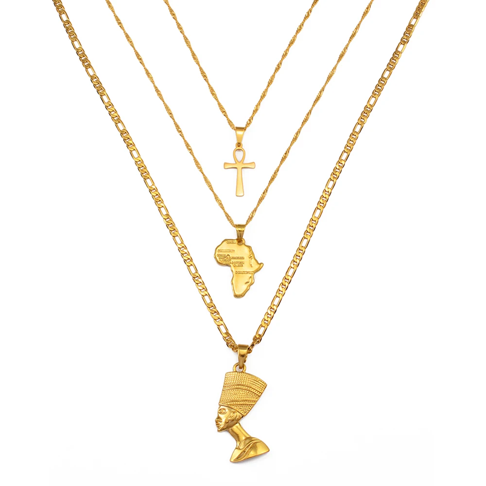 3pcs Necklaces Together Ankh Nefertiti Africa Map Pendant Gold/Silver Color Birthday Party Ethnic Jewelry Women #244606
